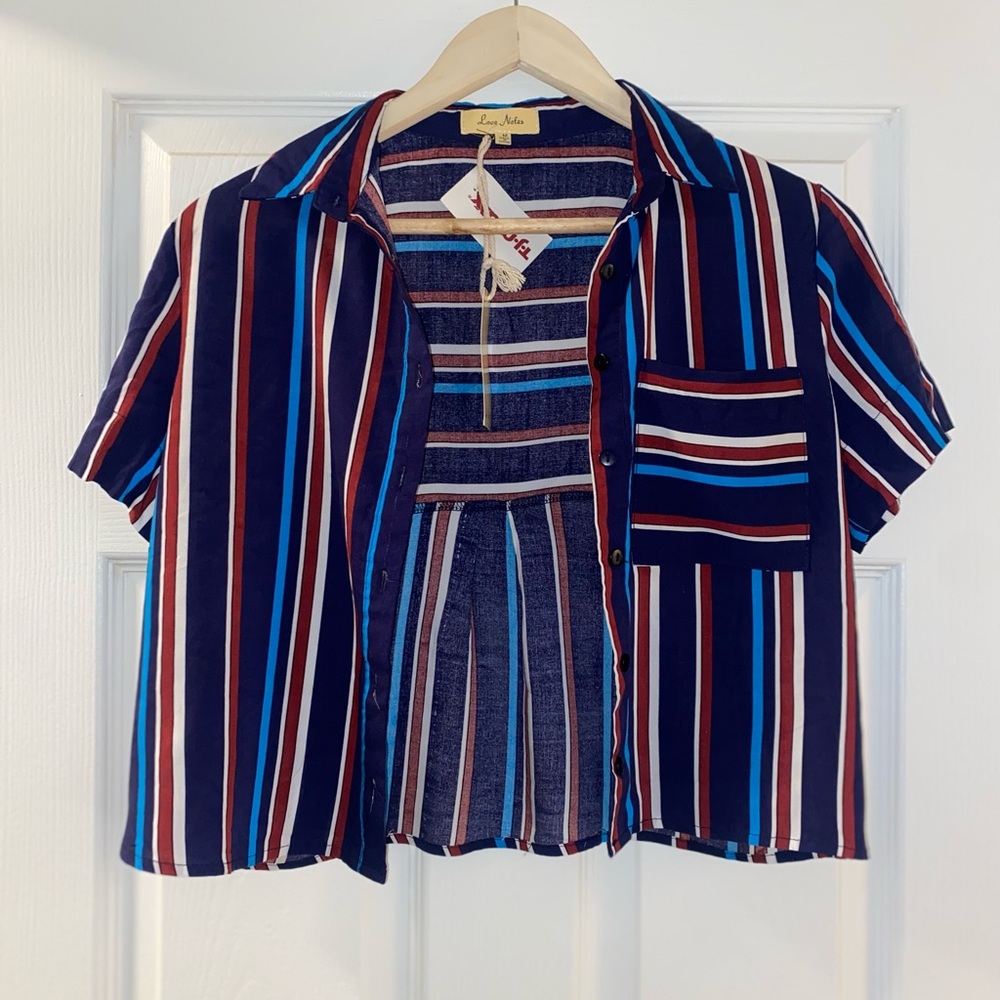 Red, white and blue button up crop top